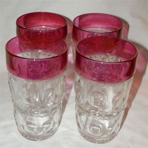 Vintage Set Of 4 Thumbprint Drinking Glasses With Ruby Red Flash Rim 10