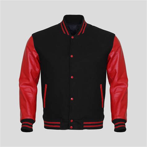 Red Leather Sleeves Black Wool Varsity Jacket