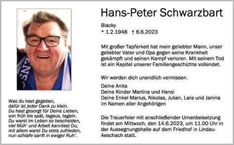 Traueranzeigen Von Hans Peter Schwarzbart Schwaebische De Trauerportal