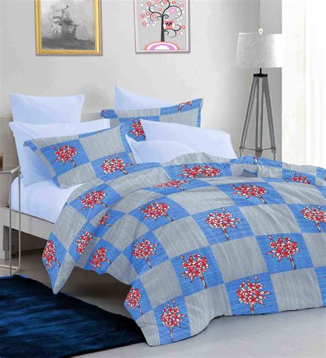 Buy Blue Floral 144 Tc Cotton 1 Double King Size Bedsheet With 2 Pillow