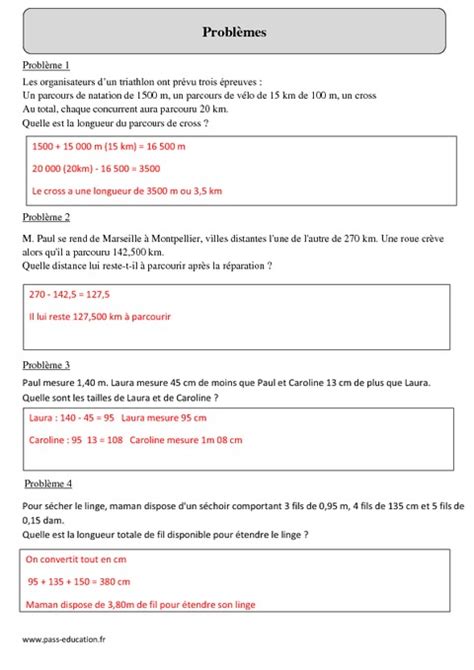 Mesures De Longueur Problèmes Cm2 Exercices Corrigés Mesures Mathématiques Cycle 3