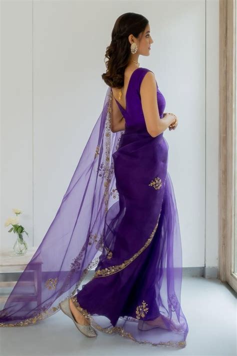 Peeli Dori Meenakshi Border Embroidered Saree With Blouse Purple Zardosi Saree Deep V Neck