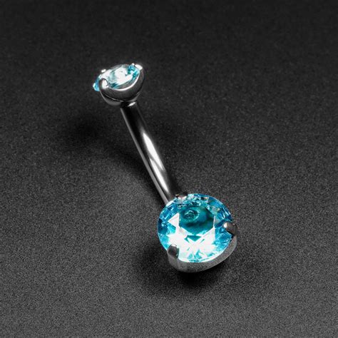 Double Aqua Jewelled Internally Threaded Titanium Belly Bar Sibj