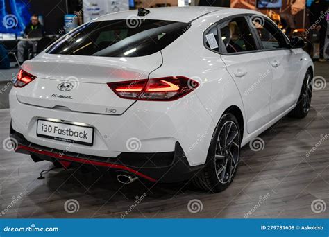 Hyundai I Fastback Premiere At A Motor Show Model Rear View