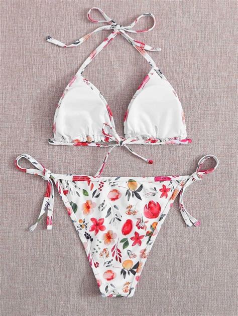 Floral Triangle Tie Side Bikini Swimsuit