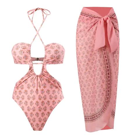 Jsn New Design Swimsuit Vintage Print Halter Bikini Set Swimming Suit Beachwear Swimwear