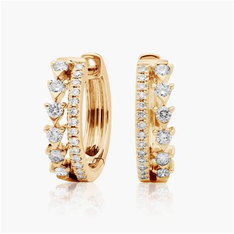 14K Yellow Gold Dainty Diamonds Double Row Huggie Hoop Earrings-81917y14