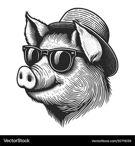 Stylish pig with sunglasses engraving Royalty Free Vector