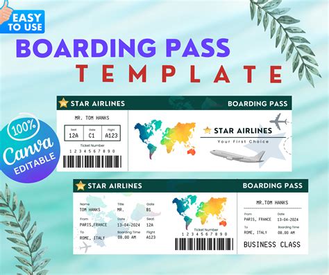 Editable Airline Digital Boarding Pass Template, Travel Pass, Air