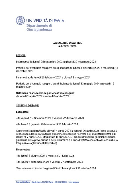 Calendario didattico 2023 2024 Università di Pavia Strada Nuova 65