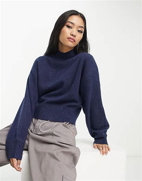 Monki High Neck Knit Sweater In Navy Asos