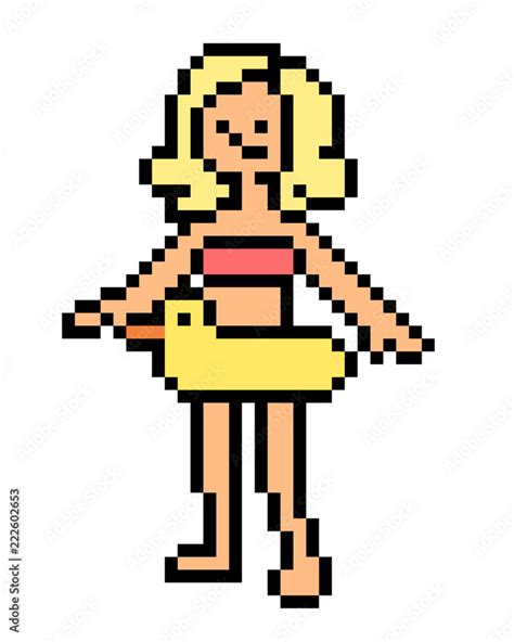 Pixel Art Blonde Girl In The Bikini Learning To Swim In Yellow Duck Swim Ring 8 Bit Beach Party