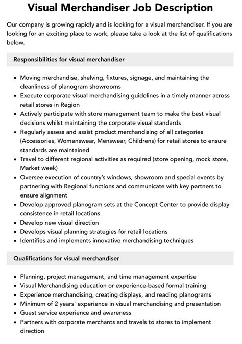 Visual Merchandiser Job Description | Velvet Jobs