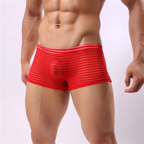 Moda Masculina Sexy Transparente Stripe Boxer Briefs Baixo Aumento