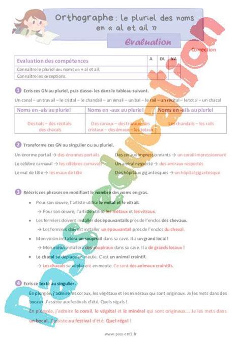 Le Pluriel Des Noms En Al Et Ail Évaluation D’orthographe Pour Le Cm1 Pdf à Imprimer Par