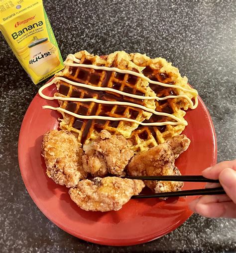 Japanese Style Chicken And Waffles Chicken Karaage And Okonomiyaki