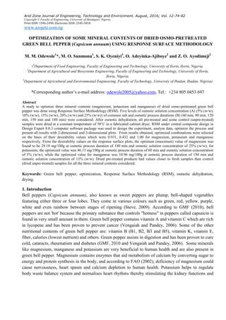 Optimization Of Some Mineral Contents Of Dried Osmo Pretreated Green