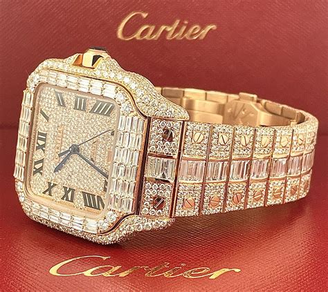 Cartier Santos 18k Rose Gold Baguette 398mm Iced 26ct Genuine Diamonds