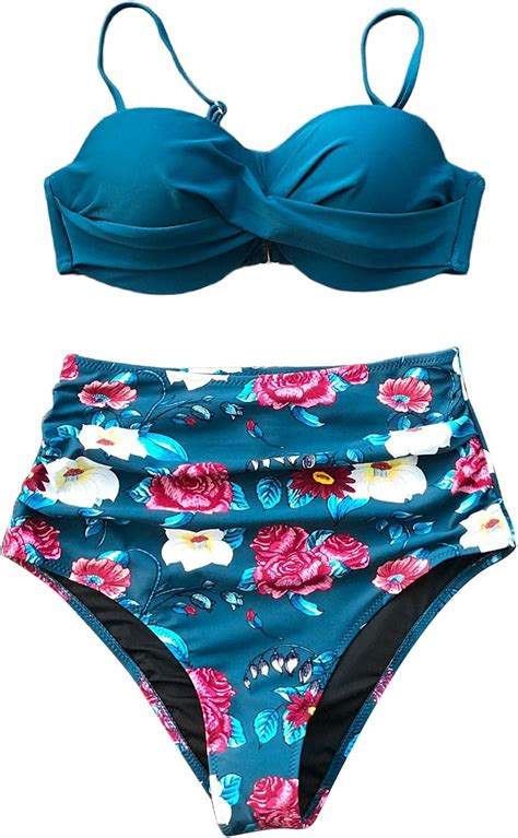 Cupshe Women S Sapphire Blue Floral High Waisted Back Hook Bikini Amazon Ca Clothing Accessories