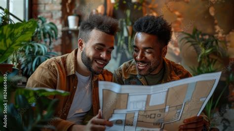 Happy Gay Couple Discussing House Blueprints Indoors Envisioning Their Future Home Together