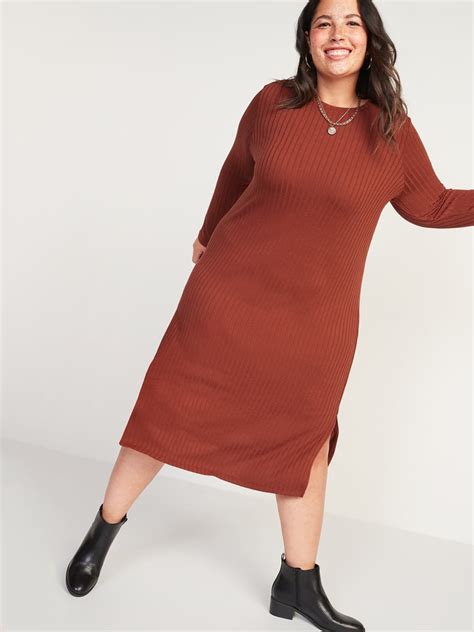 Rib Knit Long Sleeve Plus Size Midi Shift Dress Best Fall Dresses For