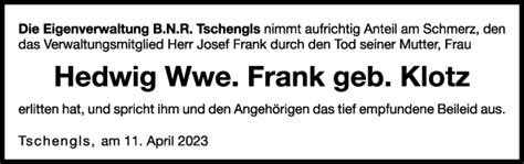 Traueranzeigen Von Hedwig Frank Trauer Bz