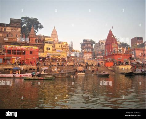 Varanasi seen from the Ganges river an early morning. Varanasi is situated on the west bank of ...