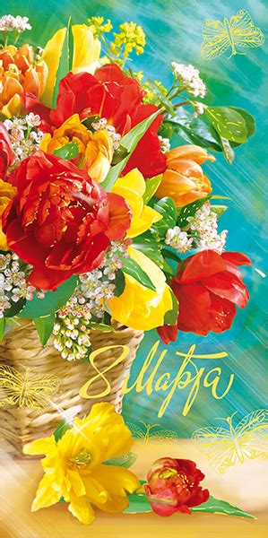 8 Марта! Красные махровые тюльпаны в плетеной корзине, бабочки