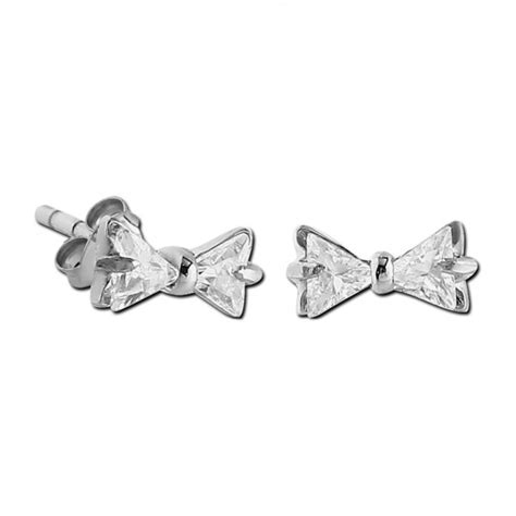 Boucles D Oreilles Enfant Argent Massif 925 Noeud Papillon Strass Blanc