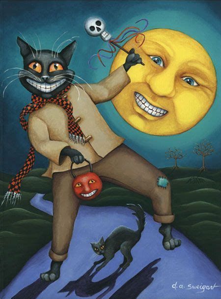 A Painting Of A Man With A Cat On His Shoulder And A Moon In The Background