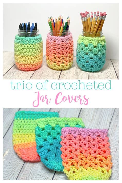 Trio Of Crocheted Jar Covers Crochet Jar Covers Crochet Coasters Diy Crochet Projects