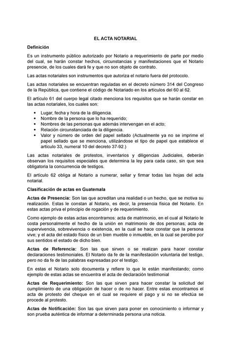 EL ACTA Notarial Apuntes 1 EL ACTA NOTARIAL Definición Es un