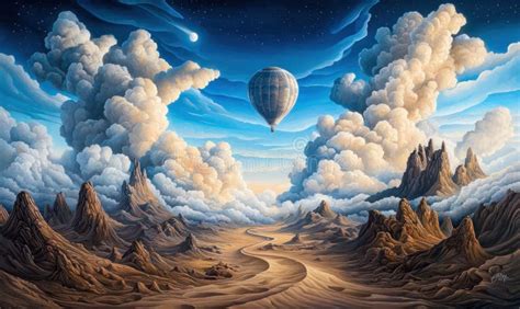 A Surreal Landscape With A Hot Air Balloon Soaring Through A Dreamlike Sky Filled With Dramatic