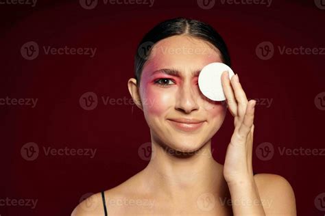 Sexy Brunette Woman Pink Face Makeup Posing Attractive Look Skin Care Cropped View Unaltered