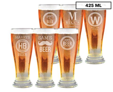 6 X Personalised Premium Beer Glass 425ml Au