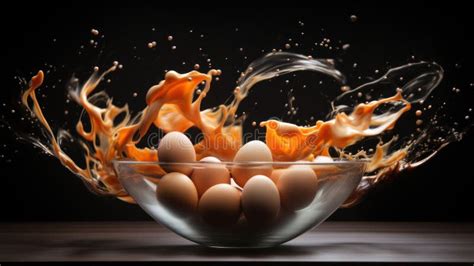 A Glass Bowl Filled With Eggs Being Splashed By A Liquid AI Stock