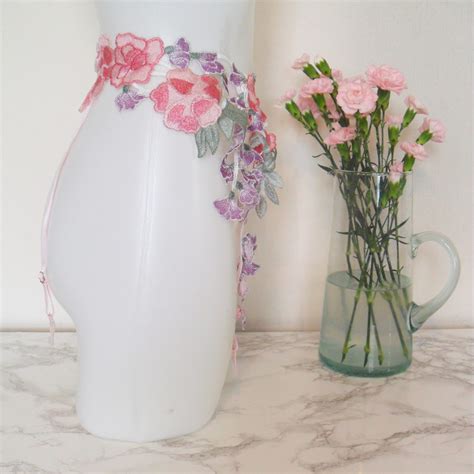 Trailing Flowers Embroidered Appliqu Suspender Belt Pink Lilac Esty Lingerie