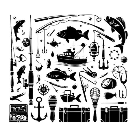 Fishing Elements Set Silhouettes Vector And Fishing Equipment In