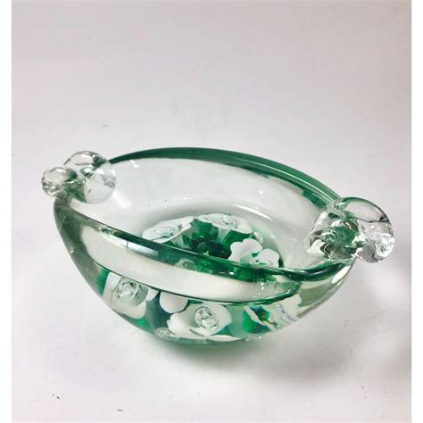 Joe St Clair Art Glass Ashtray Paperweight Green White Trumpet Flower