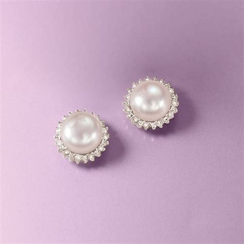 7 7 5mm Cultured Button Pearl And 13 Ct T W Diamond Stud Earrings In