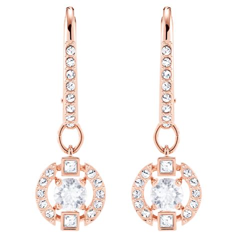 Orecchini Pendenti Swarovski Sparkling Dance Taglio Tondo Bianchi Placcato Color Oro Rosa