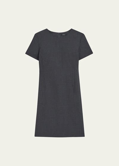 Theory Jatinn Short Sleeve Traceable Wool Suiting Dress In Charcoal