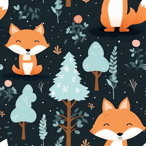 Premium Ai Image Seamless Pattern With Cute Foxes And Trees Generative Ai