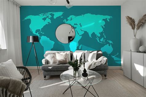 Teal Cyan World Map wallpaper | Happywall