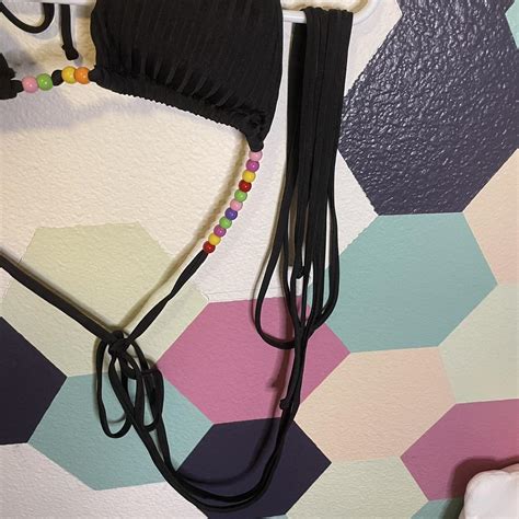 Black Ribbed Bikini Set With Colored Beads And Extra Depop