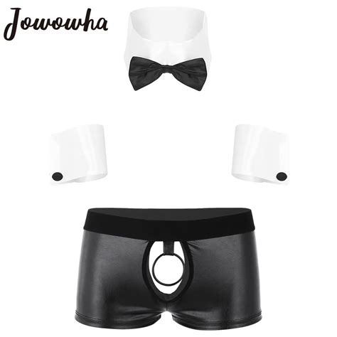 Cosplay Men Sexy Lingerie Set Waiter Stage Dancer Costumes Sexy Leather Crotchless Underwear
