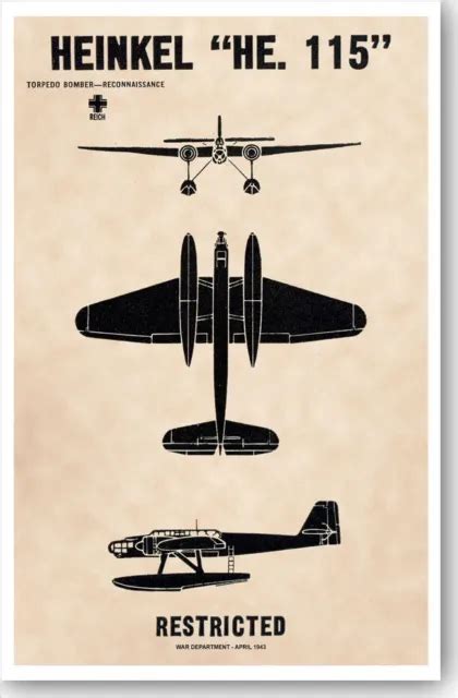 Wwii German Heinkel He 115 Torpedo Bomber Aircraft Recognition Poster V