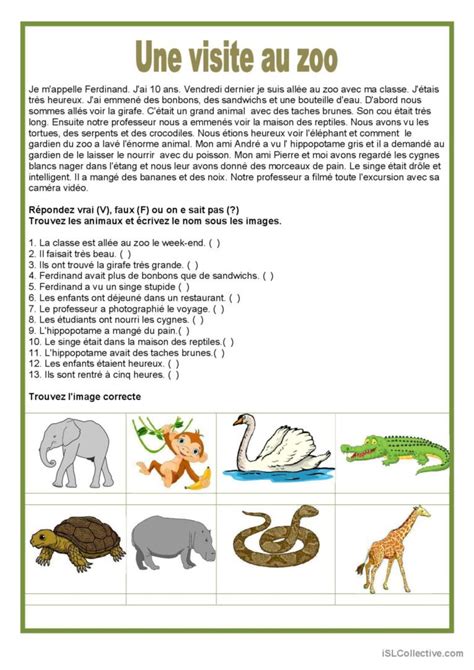 Une visite au zoo compréhension géné Français FLE fiches pedagogiques