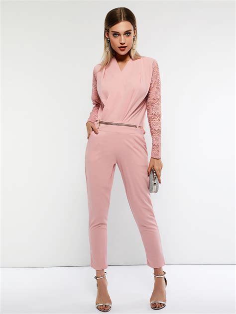 Plain Lace Long Sleeve Full Length Womens Jumpsuit Fashion