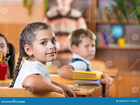 Pretty Brunette Schoolgirl During Lesson Stock Image Image Of Friendly Class 35043317
